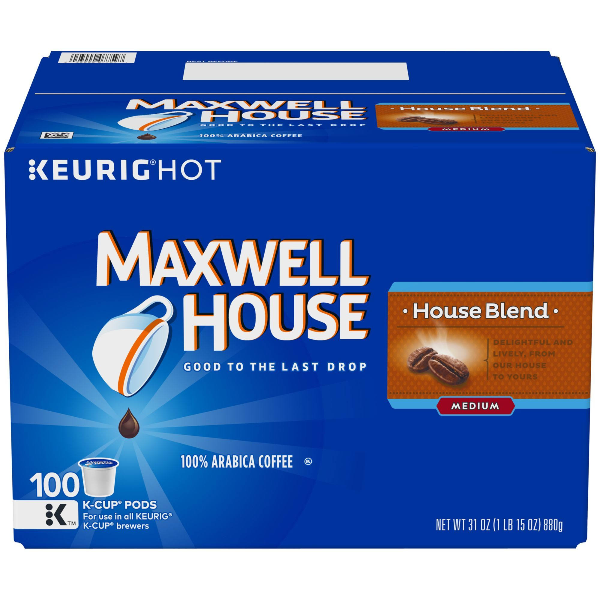 Maxwell House Coffee, 100% Arabica, Medium, House Blend, K-Cup Pods – 100 pods, 31 oz